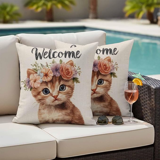 Cute Cat Outdoor Waterproof Throw Pillow Covers Set of 2, 26"x26", Garland Welcome Retro Decorative Pillow Covers Outside Cushion Case for Patio Porch Garden