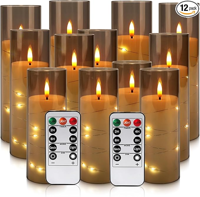 YOROXRG Flickering Flameless Candles Battery Operated with Remote,Led Pillar Candles with Realistic Moving Wick Candles for Halloween,Christmas,Home Decor Pack of 12 (D2.2 xH 5" 6" 7")(Grey)