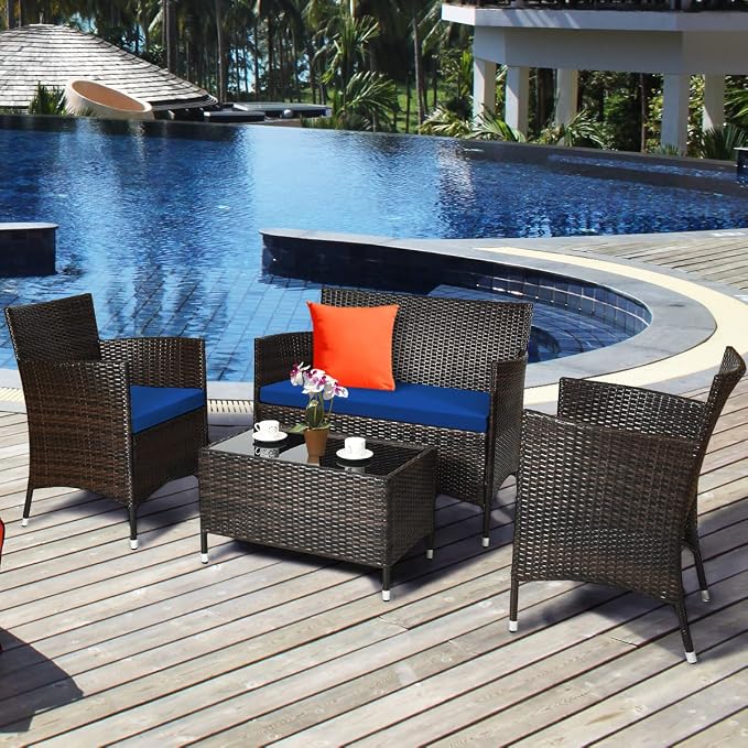 COSTWAY 8PCS Rattan Patio Furniture Set | Outdoor Wicker Rattan Chairs with Coffee Table, Rattan Cushioned Conversation Set for Backyard Balcony Porch Poolside, Navy