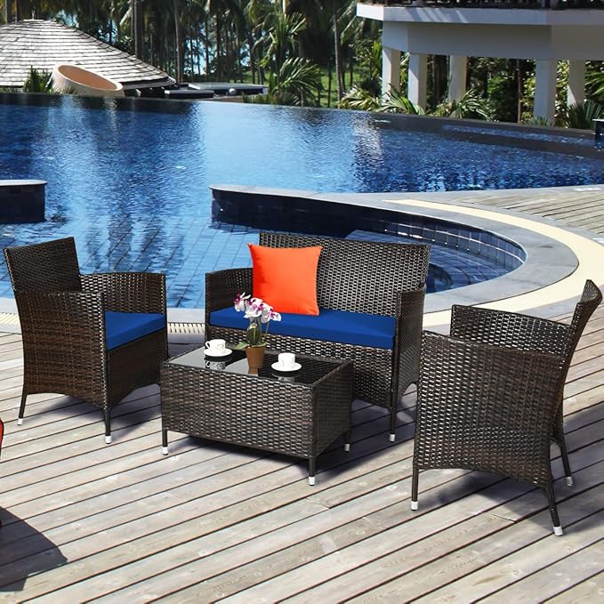 COSTWAY 4PCS Rattan Patio Furniture Set | Outdoor Wicker Rattan Chairs with Coffee Table, Rattan Cushioned Conversation Set for Backyard Balcony Porch Poolside, Navy