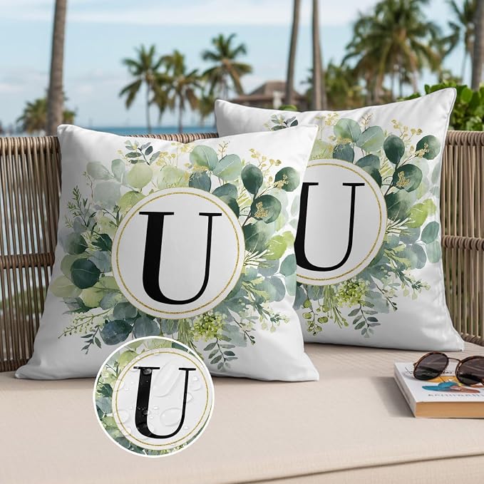 Letter U Waterproof Outdoor Pillow Covers Set of 2 Home Decor, Alphabet Green Eucalyptus Leaves Pillowcase Patio Pillow Covers for Couch Bench Patio Furniture Garden 24x24in