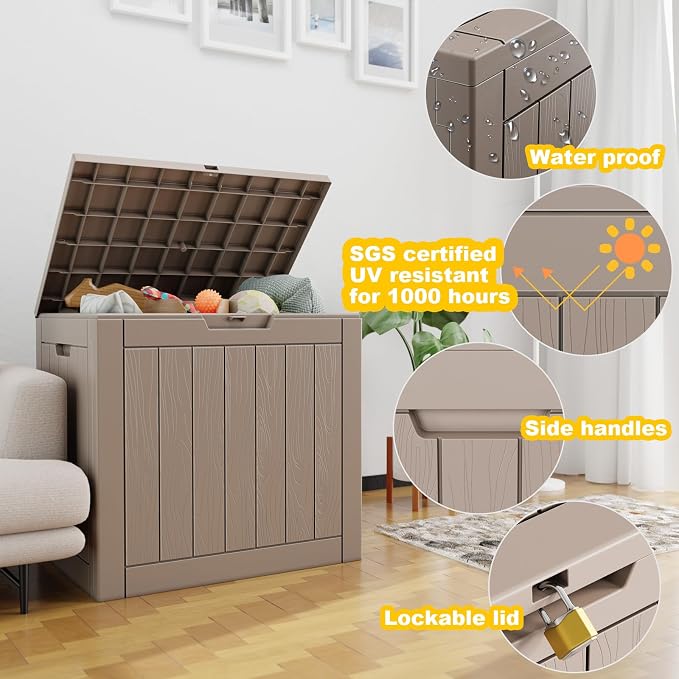 Vixzen 30 Gallon Deck Boxes Outdoor Waterproof, Lockable Storage Box for Patio Cushions Storage Furniture, Garden Tools, Pool Supplies, Weatherproof and UV Resistant (Grey, 30 Gallon)