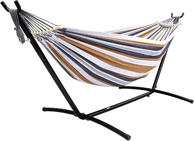 Double Hammock with Stand, 450lb Capacity, Steel Stand, Anti-Roll Balance Beam, Carry Bag Included, Coffee Brown, Brazilian Style
