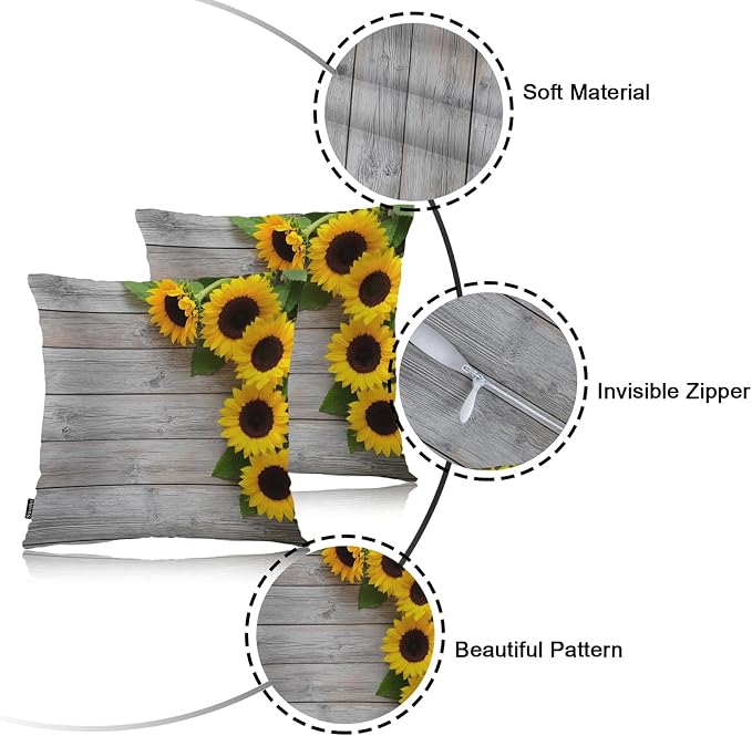 Swono Decorative Square Pillow Covers 18x18 Inch Sunflowers, Blossom Sunflowers Retro Wooden Polyester Pillow Case Set of 2, Soft Cushion Cover Pillowcases for Home Bedroom Couch Sofa Armchair