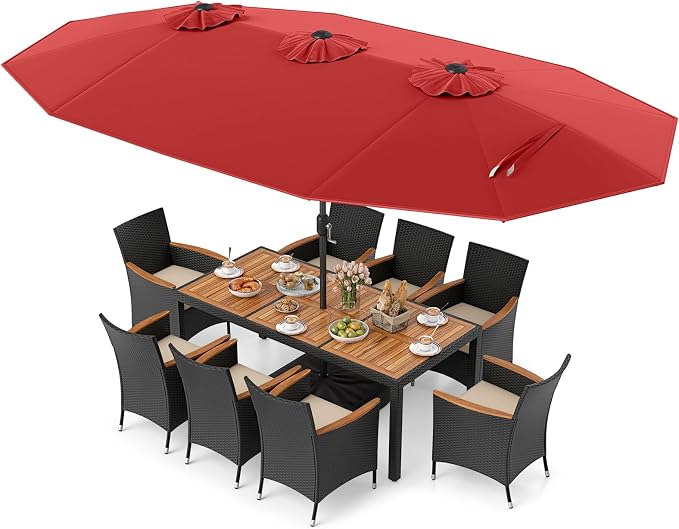 Tangkula 11 Piece Patio Wicker Dining Set w/Double-Sided Patio Umbrella, 8 Stackable Cushioned Chairs, 71" Acacia Wood Dining Table & 15 ft Umbrella with Weighted Base (Burgundy + Off White)