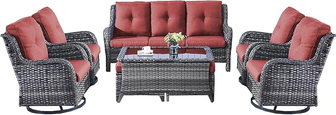 Rilyson Patio Furniture Swivel Chairs Set - 8 PC Wicker Rattan Outdoor Sectional Conversation Sets with 4 Swivel Rocking Chairs,2 Ottomans,1 Sofa and 1 Coffee Table for Porch Deck(Mixed Grey/Red)