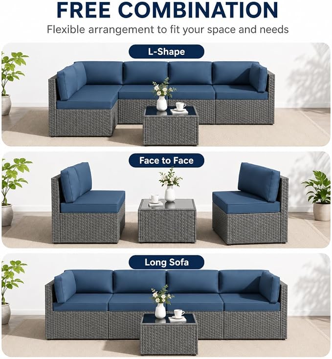JAMFLY 5-Piece Patio Furniture Set, All-Weather Wicker Outdoor Sectional Sofa with Soft Cushions, Modular Conversation Set for Backyard, Deck, Garden & Poolside(Aegean Blue Cushion)