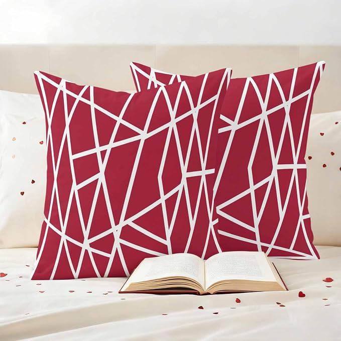 Outdoor Pillow Covers Waterproof, Red Geometric Decorative Square Throw Pillowcases Patio Cushion Covers for Tent/Garden, 26" x 26" 2 Pack, Abstract Stripes Modern Minimalist