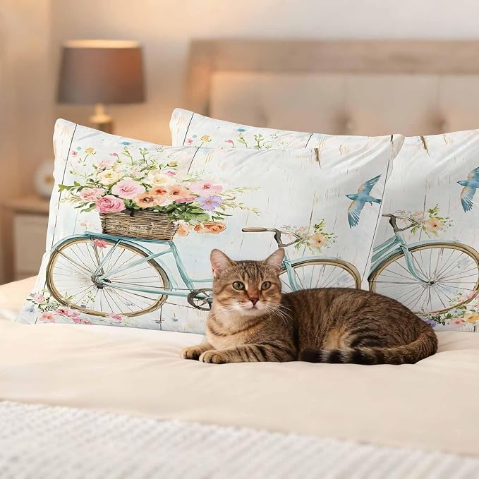 Teamery Outdoor Waterproof Pillow Covers Pastoral Blossom Blue Bike Throw Cushion Case, Vintage Wooden Plank Pillowcase for Bed,Sofa,Couch, Patio Furniture,20x12in, 2Pack Decorative Pillows Protector