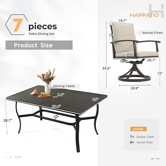 HAPPATIO 7 Piece Patio Swivel Dining Set, Aluminum Outdoor Dining Set for 6,Dining Table and Chairs Set, Patio Dining Furniture with Aluminum Table, Swivel Chairs and Washable Cushions (Black)