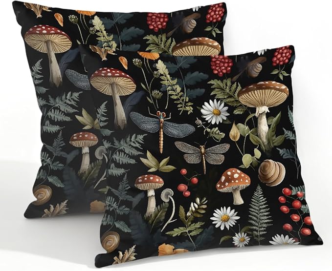 22x22 Inch Outdoor Pillow Covers Set of 2 Waterproof Throw Pillow Covers Decorative Couch Cushion Covers Mushrooms Dragonflies Leaf Square Pillowcases Protectors for Patio Garden Sofa