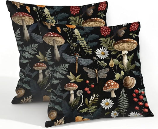 22x22 Inch Outdoor Pillow Covers Set of 2 Waterproof Throw Pillow Covers Decorative Couch Cushion Covers Mushrooms Dragonflies Leaf Square Pillowcases Protectors for Patio Garden Sofa