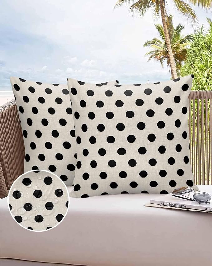 Outdoor Waterproof Throw Pillow Covers Set of 2 Black White Polka Dots Pillowcases 24x24 Inches Cute Solid Color Linen Decorative Pillows Cushion Case Patio Pillows for Couch Bed Chair Garden
