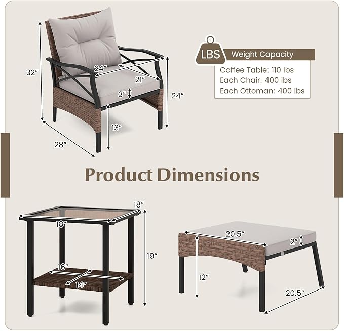 Tangkula 5 Pieces Wicker Patio Furniture Set, Outdoor Rattan Chairs with Ottomans, Cushions and 2-Tier Tempered Glass Side Table, Patio Conversation Bistro Set for Garden, Porch, Balcony
