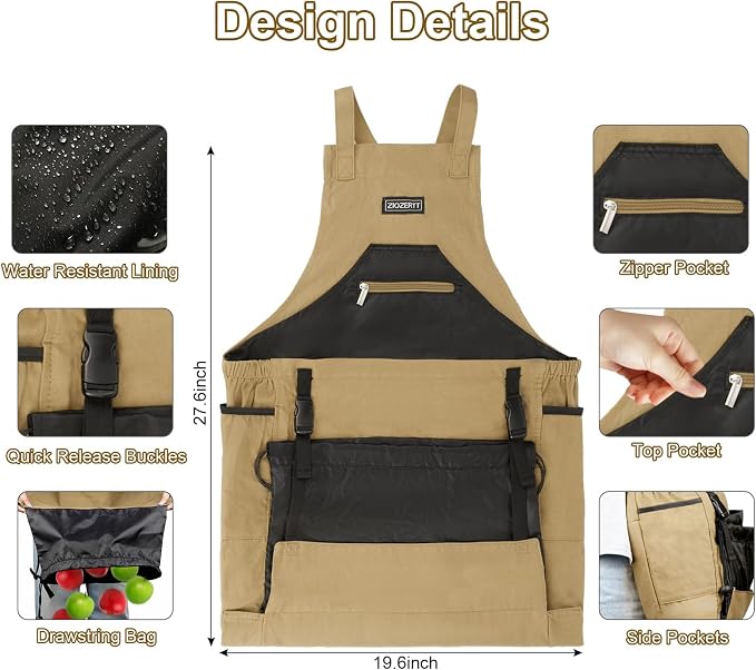 Garden Apron,Harvest Aprons with Drawstring Bag and Pockets for Women and Men,Canvas Fruit Picking Apron