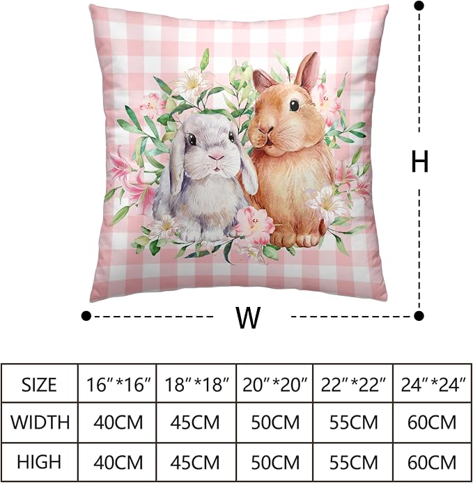 Spring Easter Pillow Covers 18x18 Pack of 2 Lovely Rabbit with Lily Flower Throw Pillow Covers Pink Plaid Bunny Pillow Case for Spring Easter Decoration Sofa Patio Garden