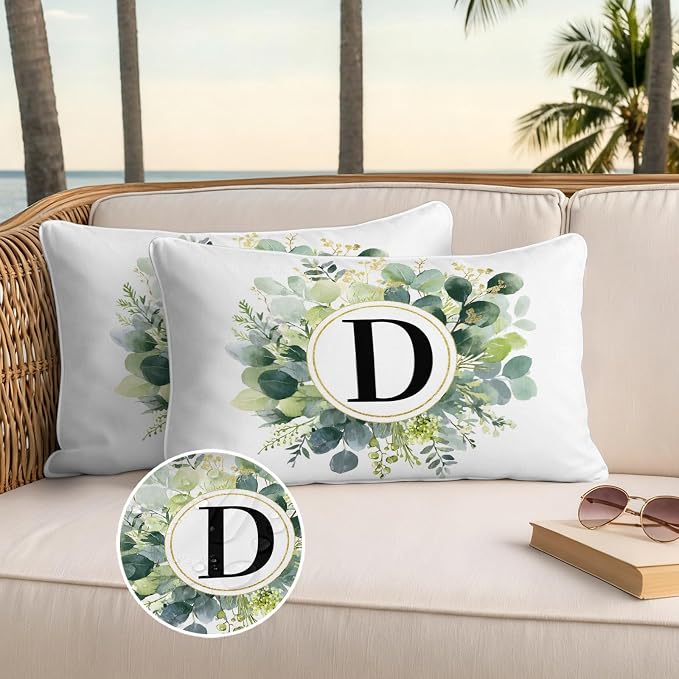 Letter D Waterproof Outdoor Pillow Covers Set of 2 Home Decor, Alphabet Green Eucalyptus Leaves Lumbar Pillowcase Patio Pillow Covers for Couch Bench Patio Furniture Garden 20x12in
