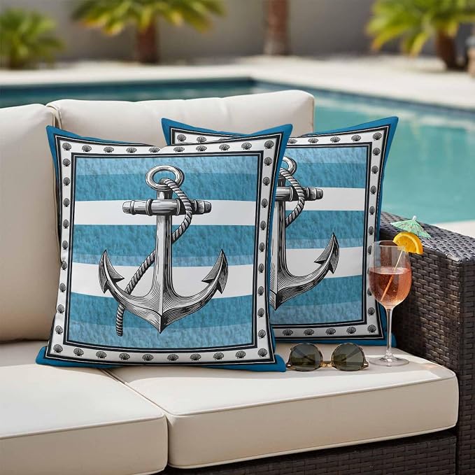 Summer Boat Anchor Outdoor Waterproof Pillow Covers Set of 2, Nautical Ocean Shells Anchor Blue White Stripe Pillowcase Decorative Throw Cushion Cases for Patio Garden Couch 16 x 16 Inches