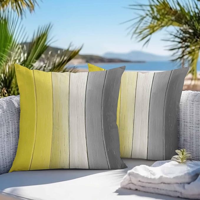 Throw Pillow Covers 24x24 Inch Set of 2, Yellow Gray Ombre Waterproof Outdoor Cushion Covers, Vintage Country Wooden Decorative Pillowcases for Couch, Sofa, Bed, Garden, Patio