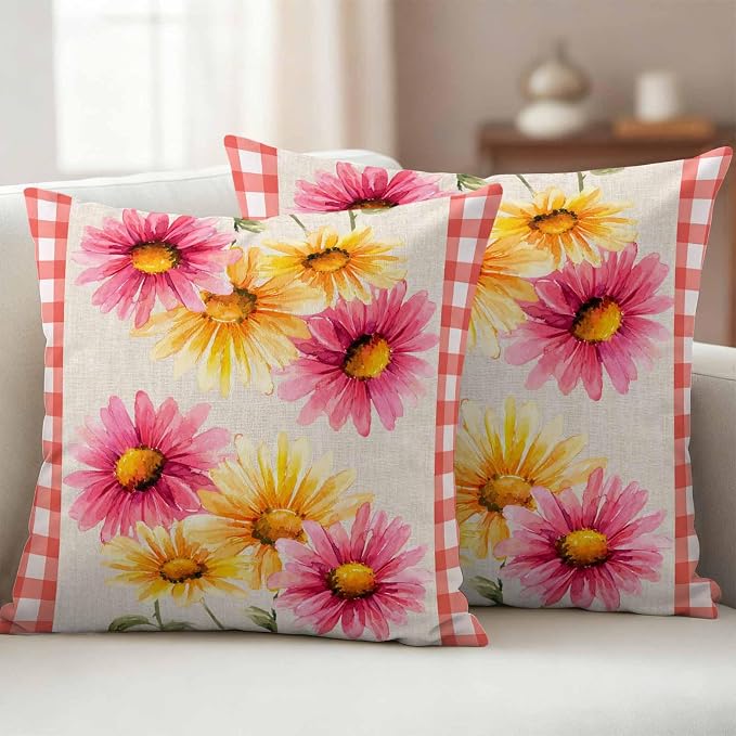 Yellow Pink Daisy Outdoor Pillow Covers 26"x26" Set of 2, Rustic Farmhouse Red Buffalo Plaid Waterproof Throw Pillow Covers for Patio Furniture, Decorative Cushion Covers for Porch