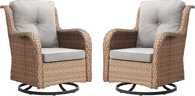 Outdoor Patio Swivel Rocker Chairs - Wicker Rattan Patio Swivel Rocking Chairs Set of 2 with High Back,Deep Seating and Comfort Cushions for Deck Porch Garden,Yellow/Beige