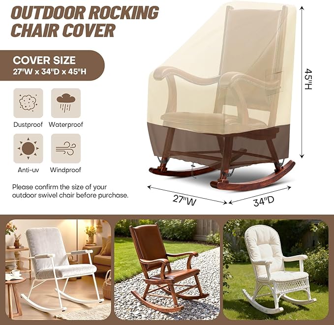 Outdoor Rocking Chair Cover 2 Pack, Heavy Duty Waterproof Patio Chair Cover for 27" W x 34" D x 45" H Rocking Chair Patio Garden Porch Outdoor Furniture Cover, Beige