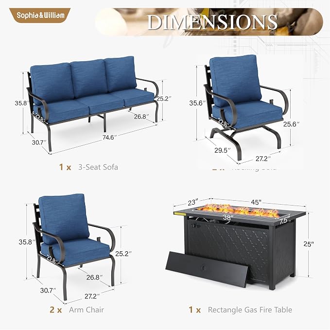 Sophia & William Patio Conversation Set for 7, 3-Seater Sofa, 2 Fixed Chairs, 2 Rocking Chairs and a 45" Fire Pit Table, Metal Outdoor Furniture with 5.75" Extra Thick Cushions, Navy