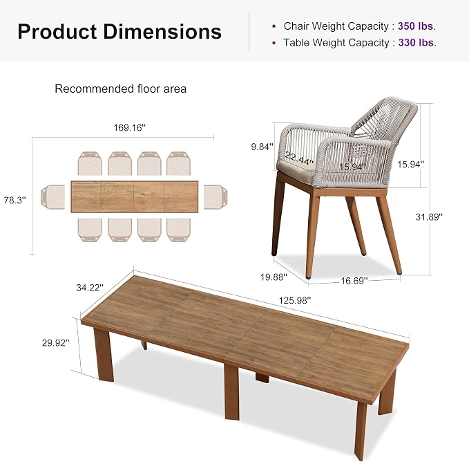 PURPLE LEAF 11 Pieces Patio Dining Set Aluminum Rectangular Table and Rattan Arm Chairs with Cushions for Kitchen Porch Garden Modern Outdoor Furniture Sets