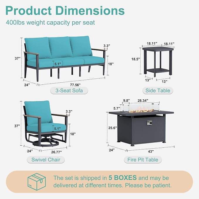 Aluminum Outdoor Patio Furniture Set with Swivel Rocking Chairs 7-Seat, Patio Sectional Sofa Patio Conversation Set with 55,000 BTU Fire Pit Table & High Backrest, Turquoise