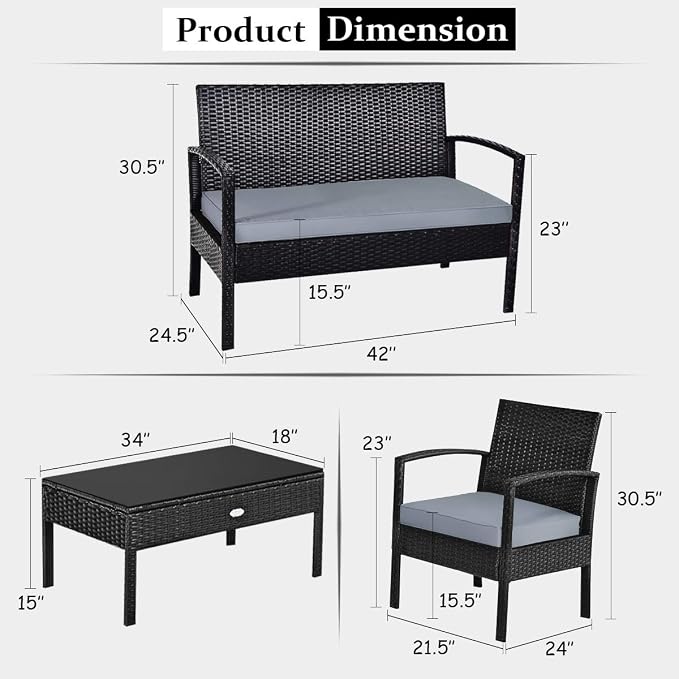 Outdoor Conversation Set 8 Pieces Patio Furniture, Wicker Patio Chair Sofa Set with Water-Resistant Gray Cushion & Tempered Glass Table for Backyard, Balcony, Porch(Black)