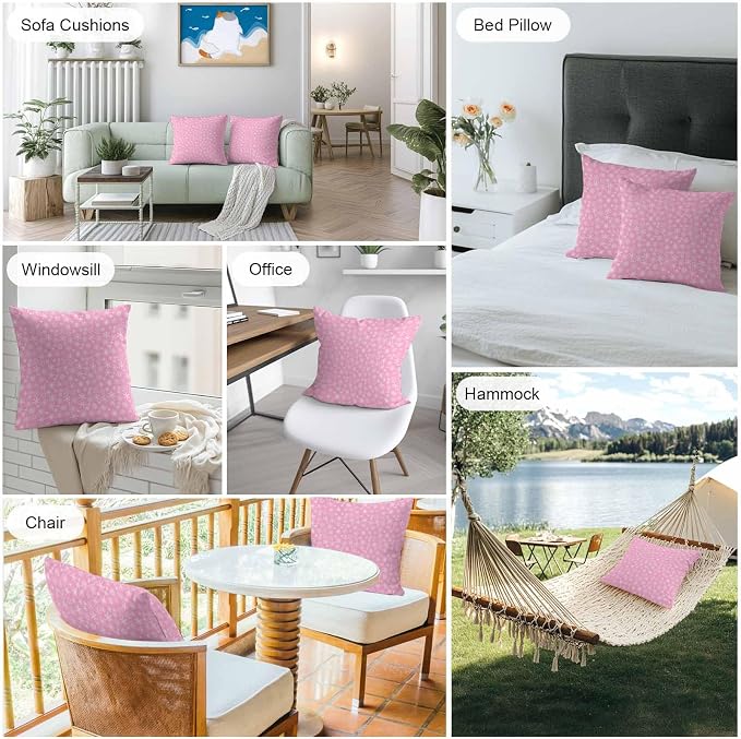 Pink Christmas Outdoor Pillow Cover 20x20 Inch Cushion Sham Case, Modern Winter Xmas White Snowflakes Waterproof Decorative Square Throw Pillowcase for Outside Garden Patio Porch Couch Chair Tent