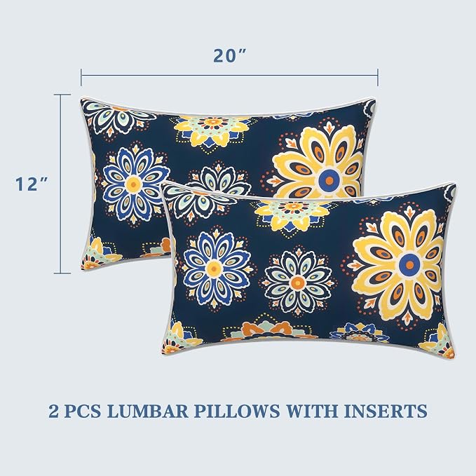 LVTXIII 2 Pack Outdoor Lumbar Pillows 12x20 Inch with White Piping, Fade Resistant Support Throw Pillows with Inserts for Patio Furniture, Sofa, Chair, Bloom Cobalt