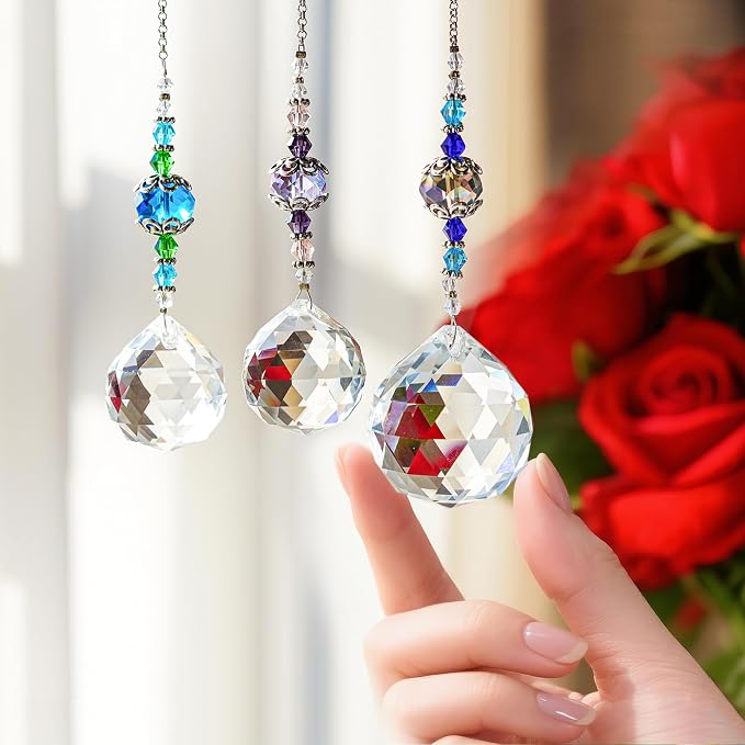 3 Pcs Clear Crystal Ball Prism Suncatcher Rainbow Maker Window Decor | Clear Crystal Ball Prism Suncatcher Rainbow Maker Hanging Pendant Set of 3 for Window Garden Home Office Wedding Party Decor