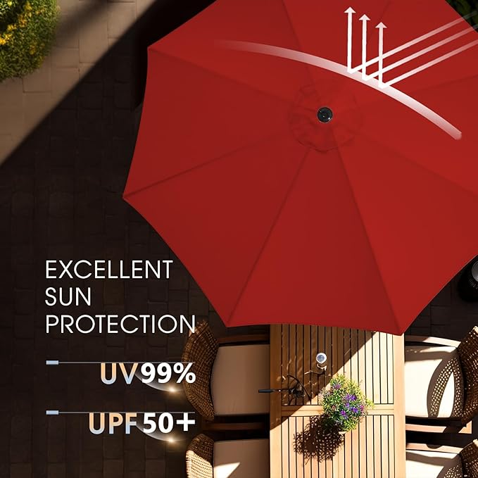 wikiwiki 9 FT Patio Umbrellas Outdoor Table Market Umbrella with Push Button Tilt/Crank, 8 Sturdy Ribs, Fade Resistant Waterproof POLYESTER DTY Canopy for Garden, Lawn, Deck, Backyard & Pool, Red