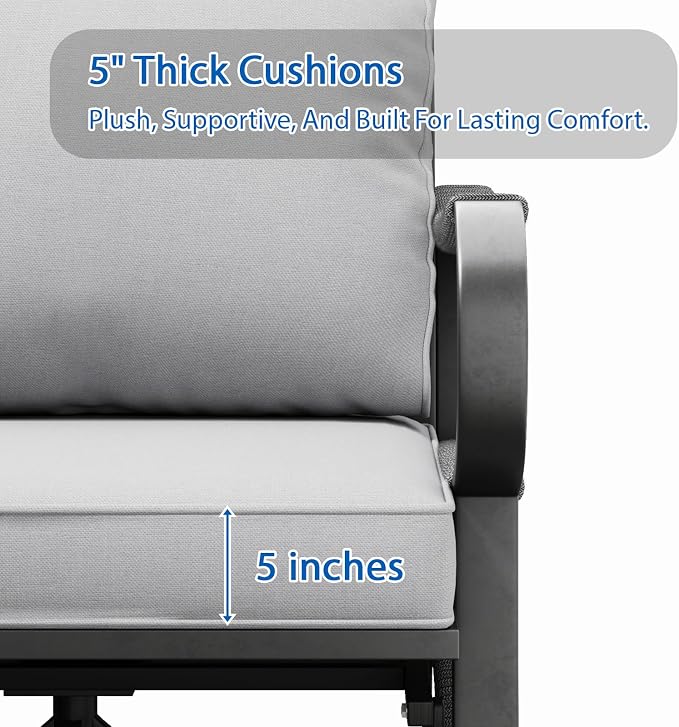 5 Piece Patio Furniture Set with 50000 BTU Propane Fire Pit Table, All Weather Outdoor Conversation Set with 2 Swivel Chairs, Sofa and Thick Cushions for Garden, Porch, Lawn, Grey