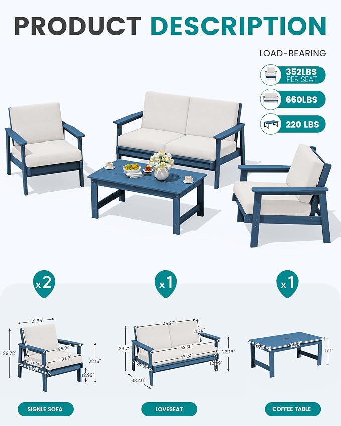 SERWALL HDPE Patio Furniture Set with 15FT Double Side Patio Umbrella, All Weather Wood-Like Outdoor Sofa Sectional Couch, Blue Patio Furniture with Khaki Cushions