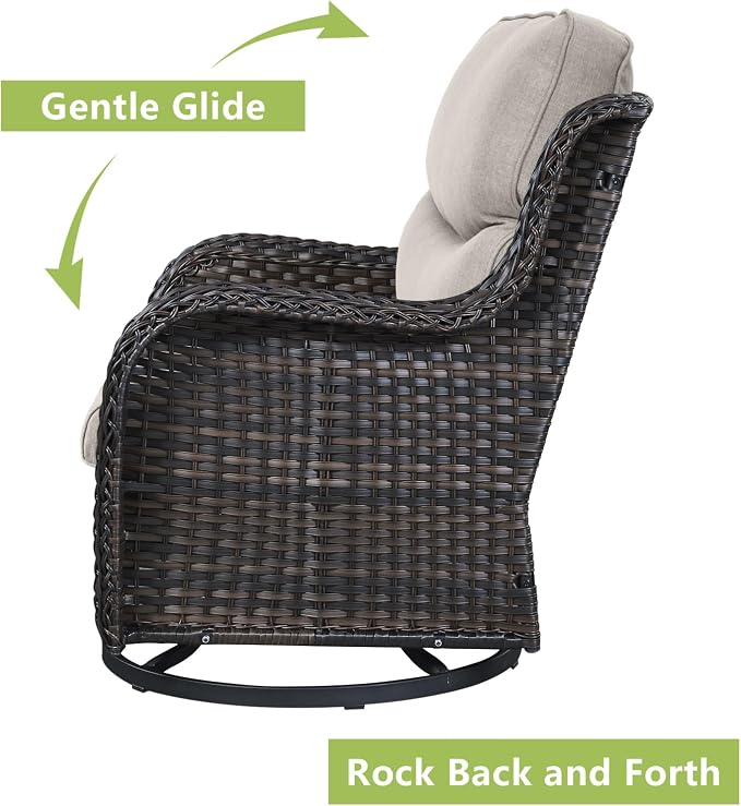 Rilyson Wicker Rocking Chair Swivel Chairs - 3 Piece Rocker Patio Furniture Set Rattan Rocking Bistro Sets with Glass Top Side Table for Outdoor Porch Deck Garden Backyard (Brown/Beige/Smile)