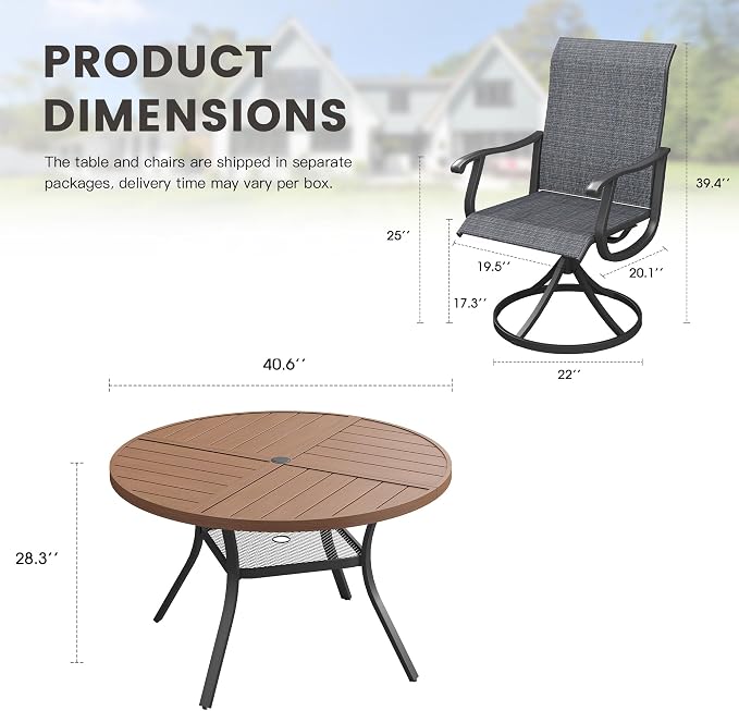 Outdoor Dining Set for 4, 40.7" Metal Round Outdoor Dining Table with Umbrella Hole and Sling Patio Swivel Chairs, 5 Pieces Patio Table and Chairs Set for Garden Backyard, Charcoal and Walnut