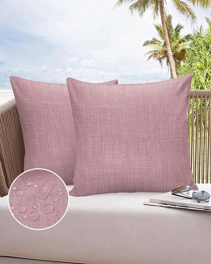 Vandarllin Outdoor Throw Pillows Covers 24x24 inch Set of 2 Waterproof Pink Linen Decorative Zippered Cushion Covers for Patio Furniture, Farmhouse Pure Color Lumbar Pillowcases