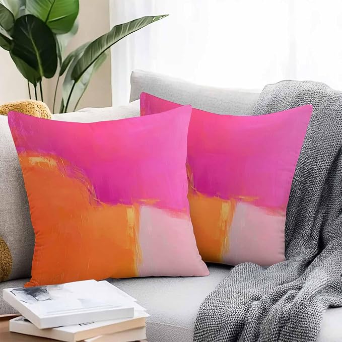 Waterproof Pillow Covers Set of 2 16x16 Inch Abstract Ombre Orange Pink Outdoor Cushion Covers Oil Painting Decorative Pillow Cases for Patio, Sofa, Couch, Garden, Balcony