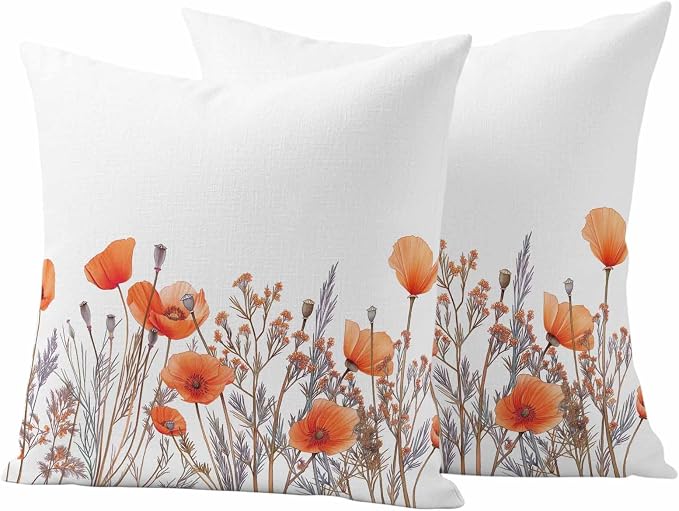 Minimalism Floral Outdoor Waterproof Throw Pillow Covers Set of 2, 26"x26", Red Plant Watercolor White Background Decorative Pillow Covers Outside Cushion Case for Patio Porch Garden