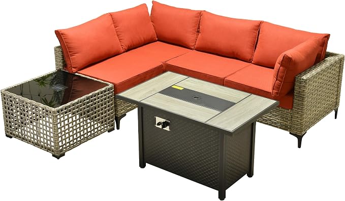 Outdoor Patio Furniture Sets,6 PCS Patio Conversation Set Outside Rattan Sectional Sofa with 42 in Fire Pit Table&Coffee Table Fit Backyard Porch Garden Poolside Balcony