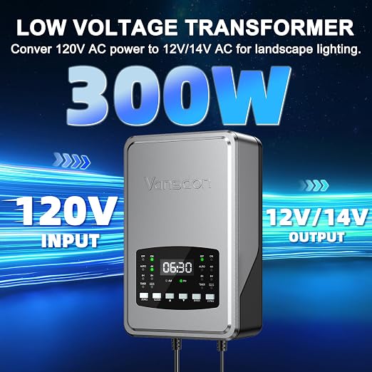 Vansdon 300W Low Voltage Landscape Transformer,2 Zone,120V AC to 12/14V AC | Photocell Sensor & Timer,Circuit protection & Memory function,5 modes,Weatherproof,for Pathlight,Spotlight,ETL Listed