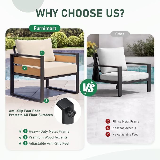 Furnimart Patio Furniture Set, 2-Piece Metal Outdoor Sectional, 2-Seat Patio Conversation Set with Deep Seating, Thick Cushions & Coffee Table for Backyard, Porch & Deck, Beige