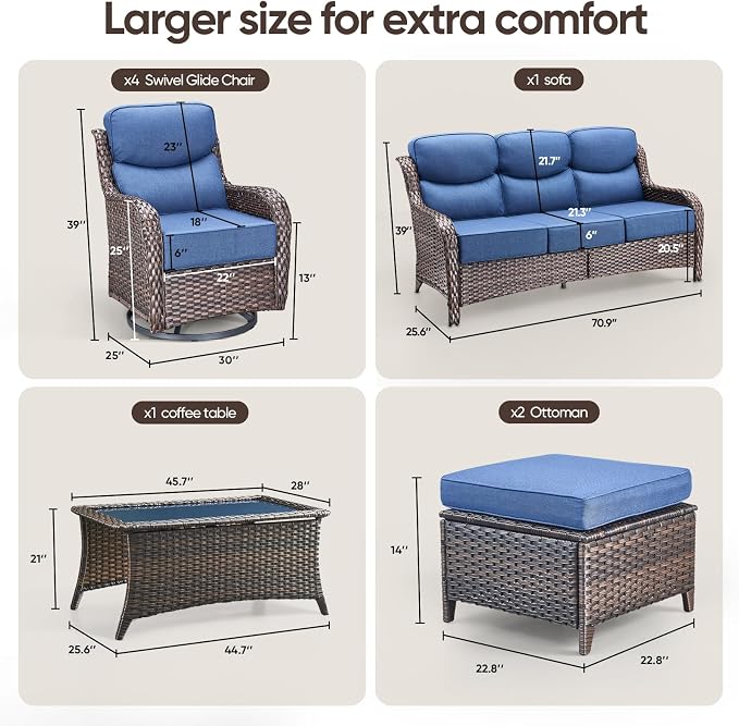 Swivel Patio Chairs sofa Set of 6 with 6" Thick Cushion - Wicker Outdoor Swivel Rocker Patio Chair ,Sofa/Glass coffee table, High Back Comfortable Outdoor Glider Chairs - Brown Wicker - Blue Cushions