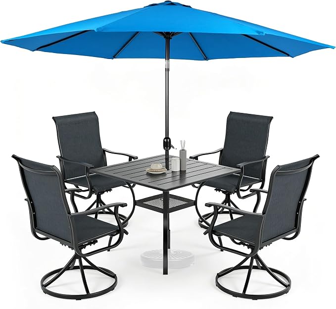 SUNCROWN 6-Piece Outdoor Dining Set, All Weather Patio Furniture Sets with 4 Black Swivel Textilene Mesh Chairs & Square Metal Table & 1 Light Blue 9Ft Umbrella for Deck Garden Backyard Poolside