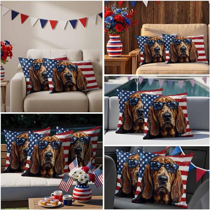 Outdoor Pillow Covers Waterproof Pillow Cases Protector Independence Day USA Flag Pillowcase Pack of 2 Basset Hound Patriotic Sunglasses Throw Cushion Case for Pation Furniture,Couch,Sofa,16X16IN