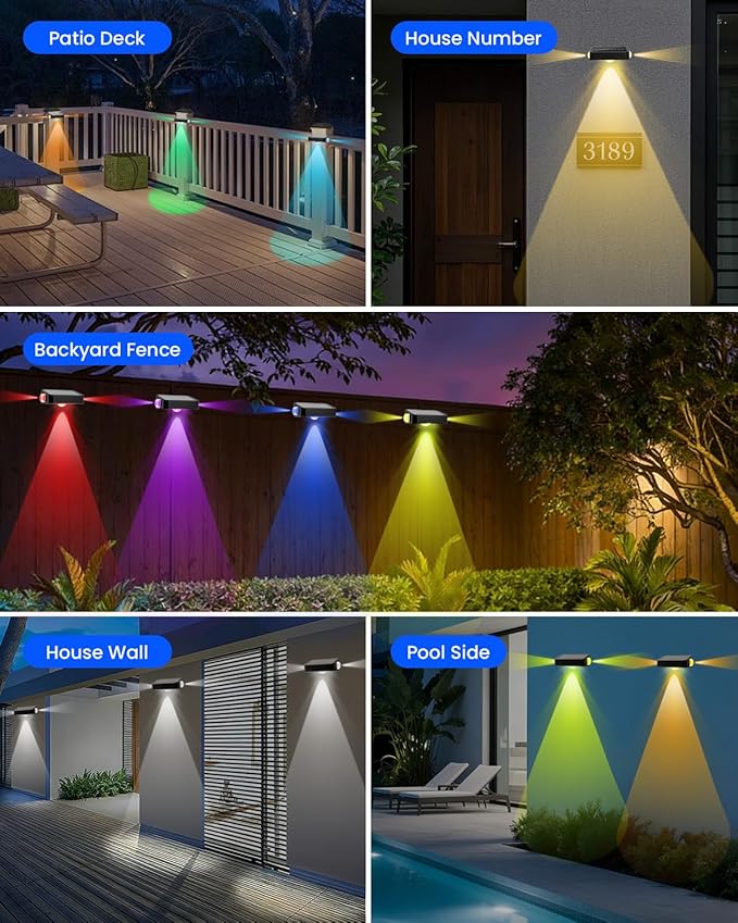 BUNEE 12 Pack Waterproof Solar Fence Lights for Outdoor 12 Modes Warm & Cool White RGB LED Spot Lens 3-Sided Solar Powered Wall Lighting, Decor for Outside Patio Step Backyard Deck Railing Pool