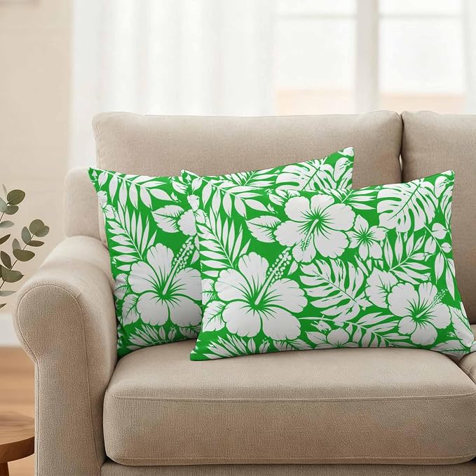 Green Hibiscus Flowers Waterproof Outdoor Pillow Covers Set of 2 Home Decor, Tropical Monstera Leaves Lumbar Pillowcase Patio Pillow Covers for Couch Bench Patio Furniture Garden 20x12in