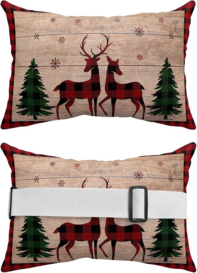 Outdoor Pillows Covers with Inserts Merry Christmas Elk Deer and Green Xmas Tree Waterproof Recliner Pillow with Adjustable Strap Throw Pillows for Patio Furniture Pool Lounge Chair, 11x16 inch, 2PCS